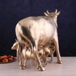 Pure Brass Large Gomatha (Cow) Statue Protecting Her Calves - Symbol of Nurturing Divinity & Motherhood